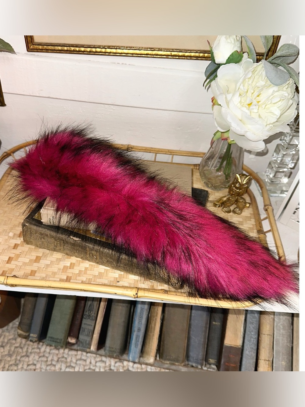 Long Hot Pink and black faux fur tail keychain